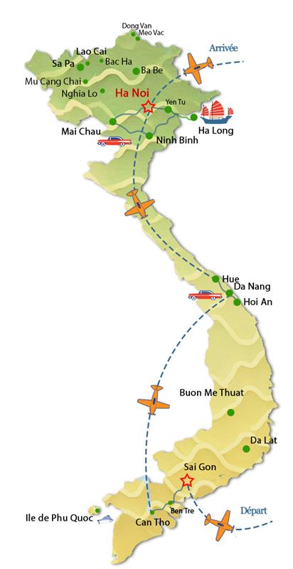 Carte du Circuit premier voyage au Vietnam du nord au sud en 17 jours